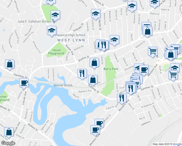 map of restaurants, bars, coffee shops, grocery stores, and more near 11-13 Echo Grove Avenue in Lynn