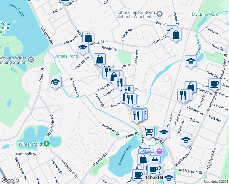 map of restaurants, bars, coffee shops, grocery stores, and more near 24 Richardson Street in Winchester