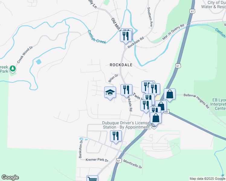 map of restaurants, bars, coffee shops, grocery stores, and more near 100 Tower Drive in Dubuque