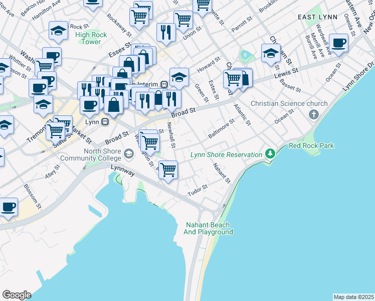 map of restaurants, bars, coffee shops, grocery stores, and more near 22 West Baltimore Street in Lynn