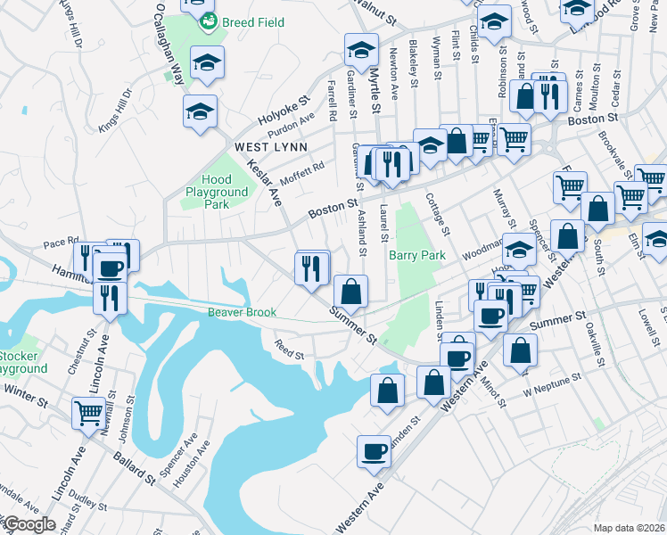 map of restaurants, bars, coffee shops, grocery stores, and more near 11-13 Echo Grove Avenue in Lynn