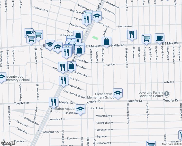 map of restaurants, bars, coffee shops, grocery stores, and more near 22058 Virginia Avenue in Eastpointe