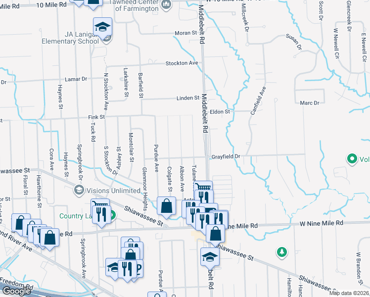 map of restaurants, bars, coffee shops, grocery stores, and more near 22851 Tulane Avenue in Farmington Hills