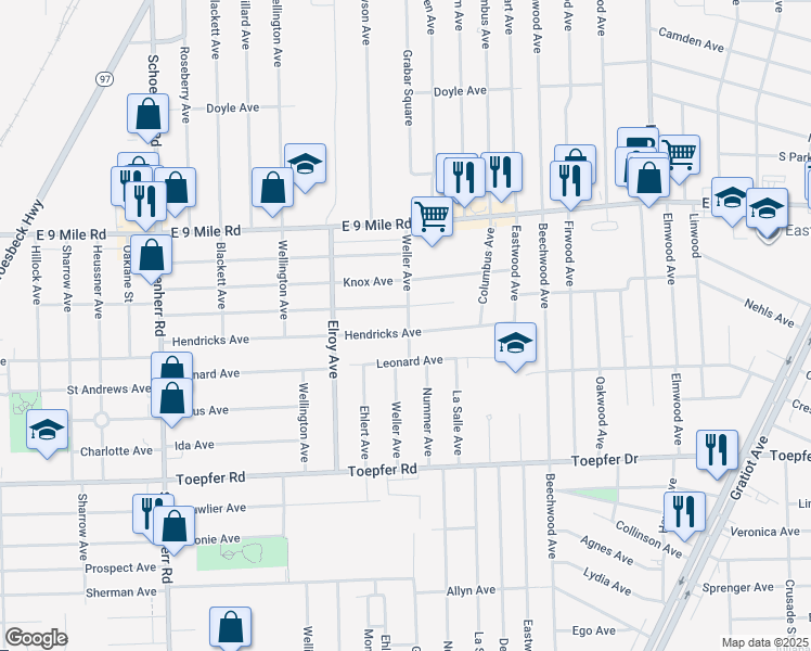map of restaurants, bars, coffee shops, grocery stores, and more near 14320 Hendricks Avenue in Warren