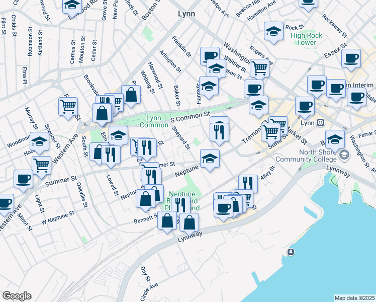 map of restaurants, bars, coffee shops, grocery stores, and more near 291 Summer Street in Lynn