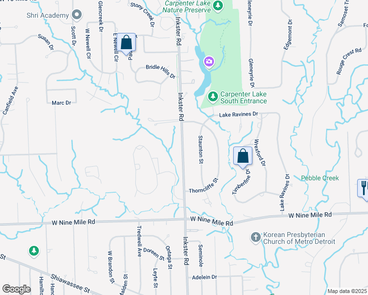 map of restaurants, bars, coffee shops, grocery stores, and more near 22899 Inkster Road in Farmington Hills