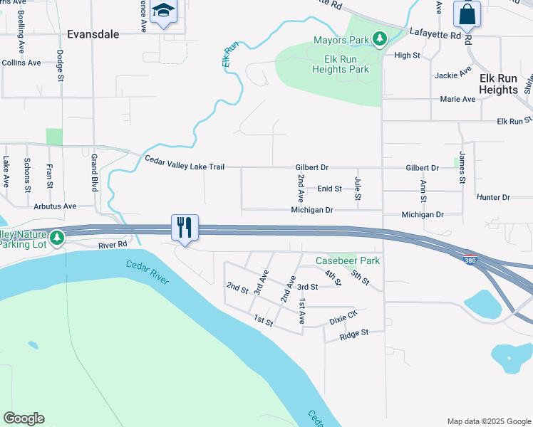 map of restaurants, bars, coffee shops, grocery stores, and more near Highway 27 in Evansdale