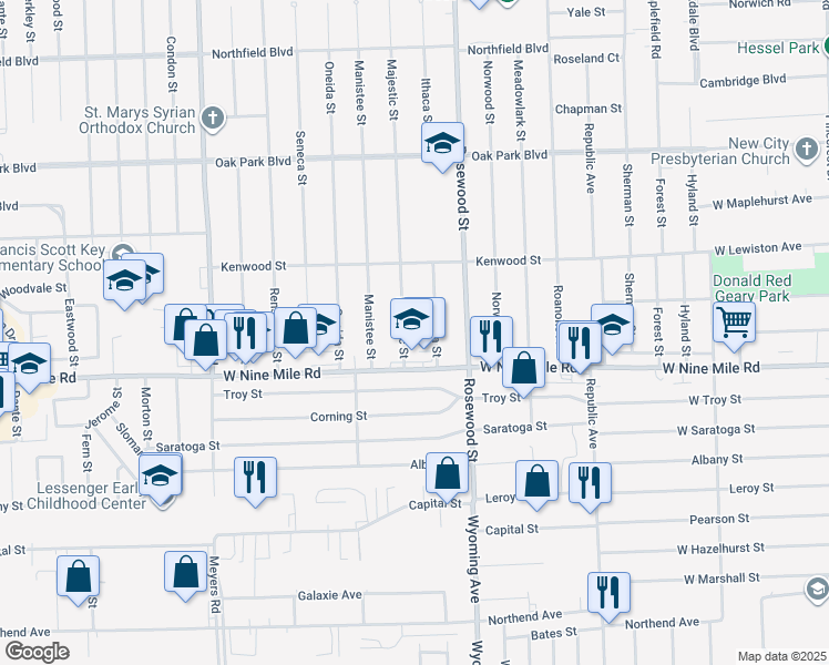 map of restaurants, bars, coffee shops, grocery stores, and more near 10160 West Nine Mile Road in Oak Park