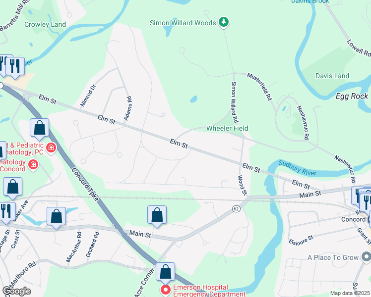 map of restaurants, bars, coffee shops, grocery stores, and more near 3A Crescent Road in Concord