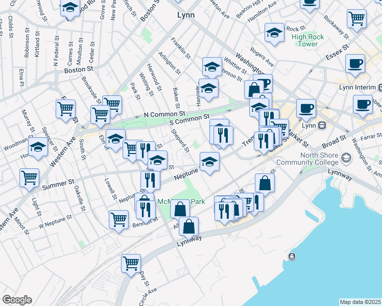 map of restaurants, bars, coffee shops, grocery stores, and more near 263 Summer Street in Lynn