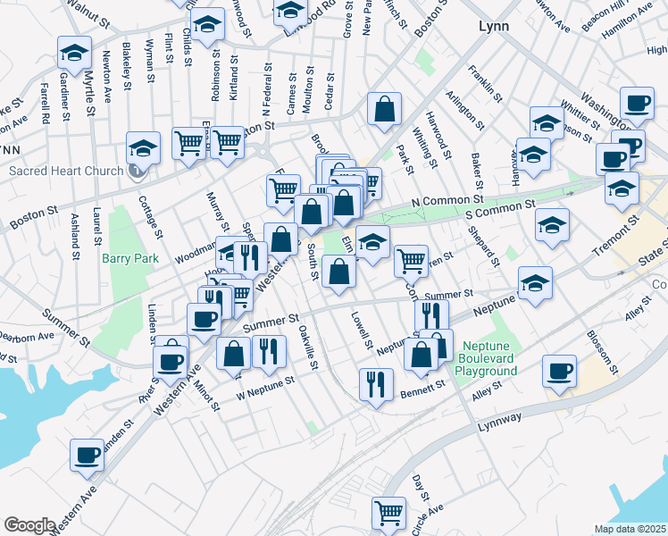 map of restaurants, bars, coffee shops, grocery stores, and more near 50 South Street in Lynn