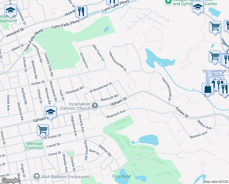 map of restaurants, bars, coffee shops, grocery stores, and more near 500 Upham Street in Melrose
