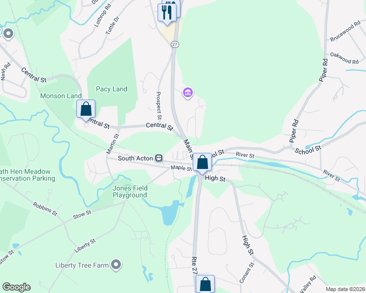 map of restaurants, bars, coffee shops, grocery stores, and more near 3 Railroad Street in Acton