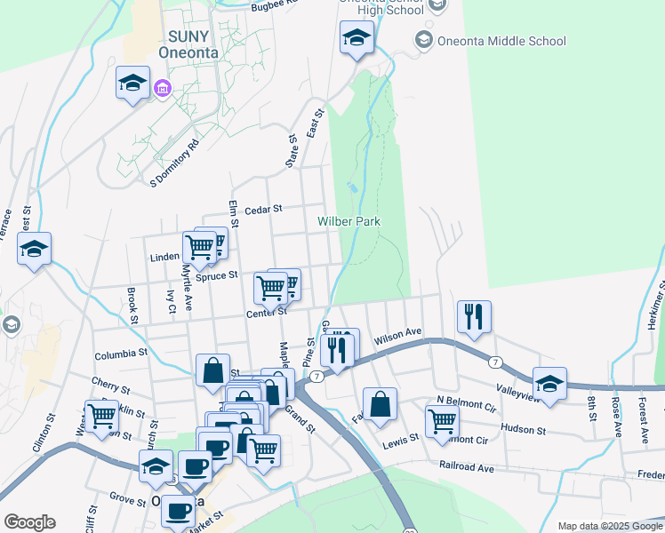 map of restaurants, bars, coffee shops, grocery stores, and more near in Oneonta