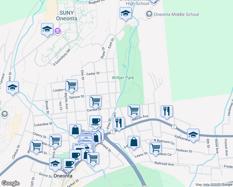 map of restaurants, bars, coffee shops, grocery stores, and more near in Oneonta