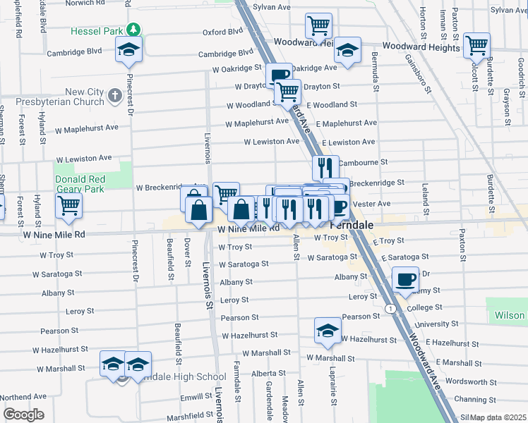 map of restaurants, bars, coffee shops, grocery stores, and more near 482 West Nine Mile Road in Ferndale