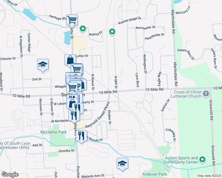 map of restaurants, bars, coffee shops, grocery stores, and more near 434 East Lake Street in South Lyon