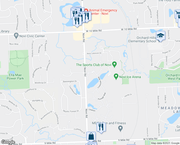 map of restaurants, bars, coffee shops, grocery stores, and more near Little Falls Boulevard in Novi