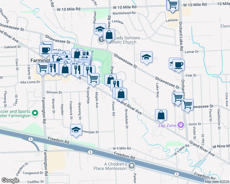 map of restaurants, bars, coffee shops, grocery stores, and more near 32411 Grand River Avenue in Farmington