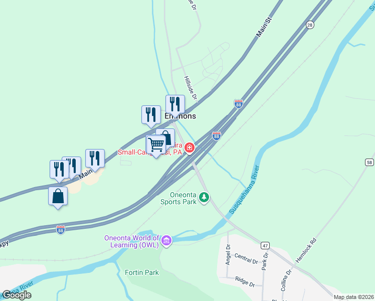 map of restaurants, bars, coffee shops, grocery stores, and more near County Highway 47 in Oneonta