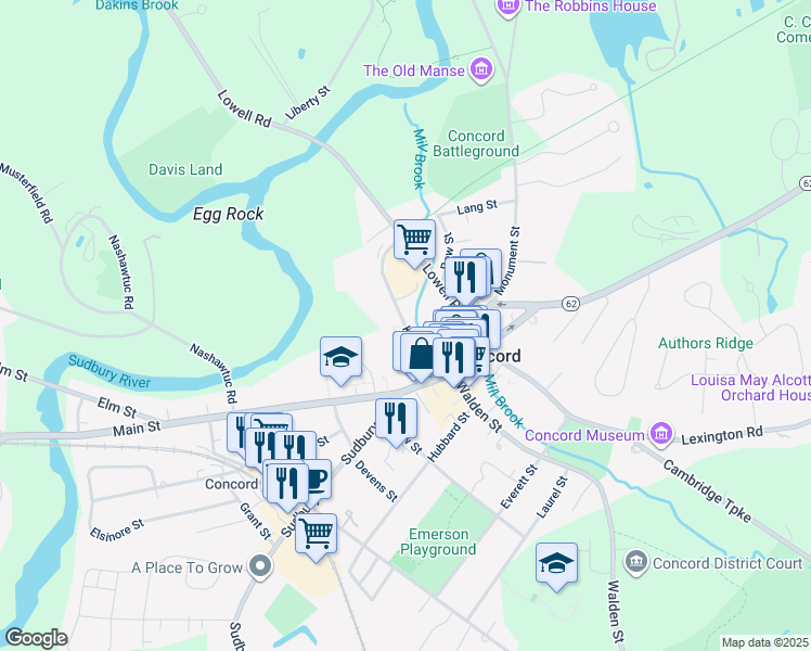 map of restaurants, bars, coffee shops, grocery stores, and more near 106 Keyes Road in Concord