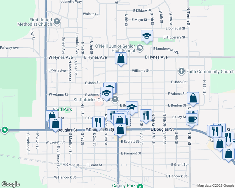 map of restaurants, bars, coffee shops, grocery stores, and more near 400 North 4th Street in O'Neill