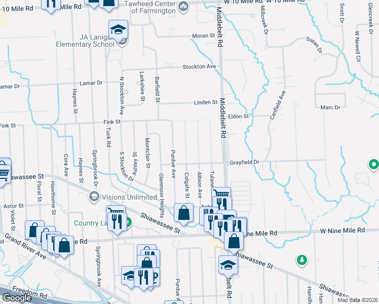 map of restaurants, bars, coffee shops, grocery stores, and more near 23131 Albion Avenue in Farmington Hills