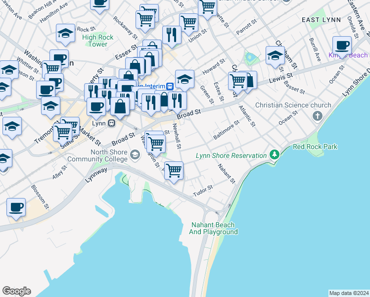 map of restaurants, bars, coffee shops, grocery stores, and more near 30 Newhall Street in Lynn