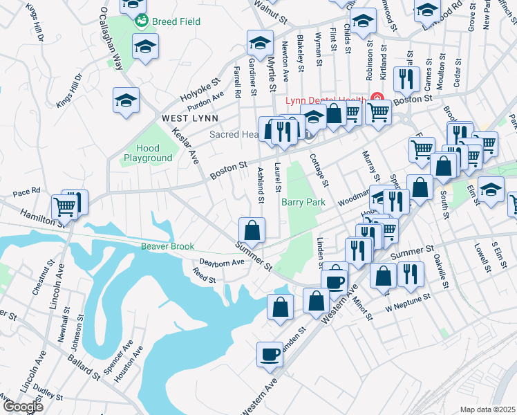 map of restaurants, bars, coffee shops, grocery stores, and more near 81 Ashland Street in Lynn