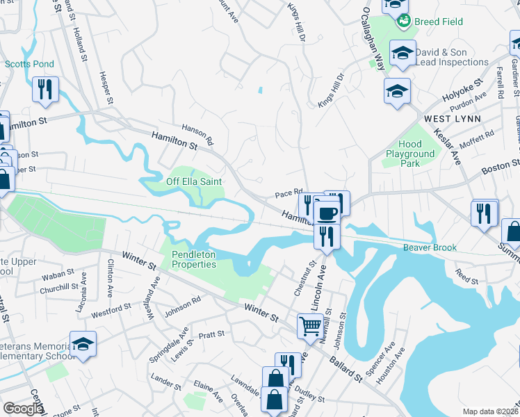 map of restaurants, bars, coffee shops, grocery stores, and more near 8 Pace Road in Saugus