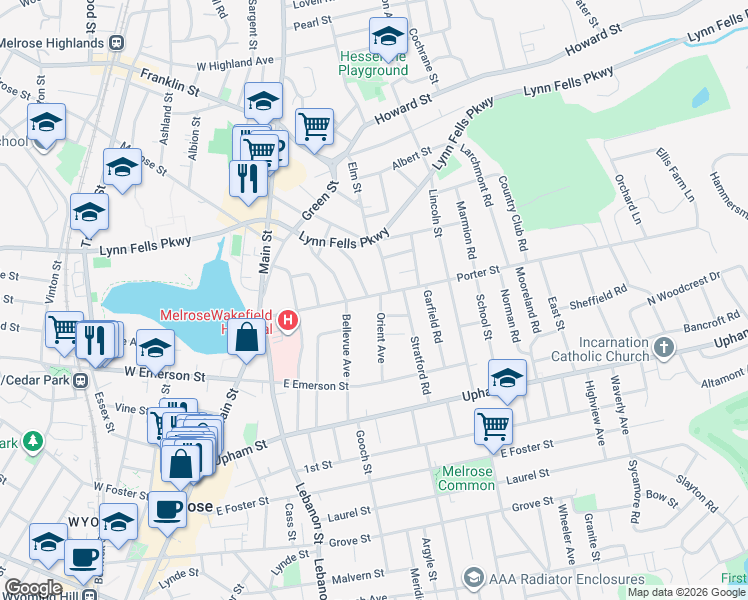 map of restaurants, bars, coffee shops, grocery stores, and more near 20 Batchelder Street in Melrose
