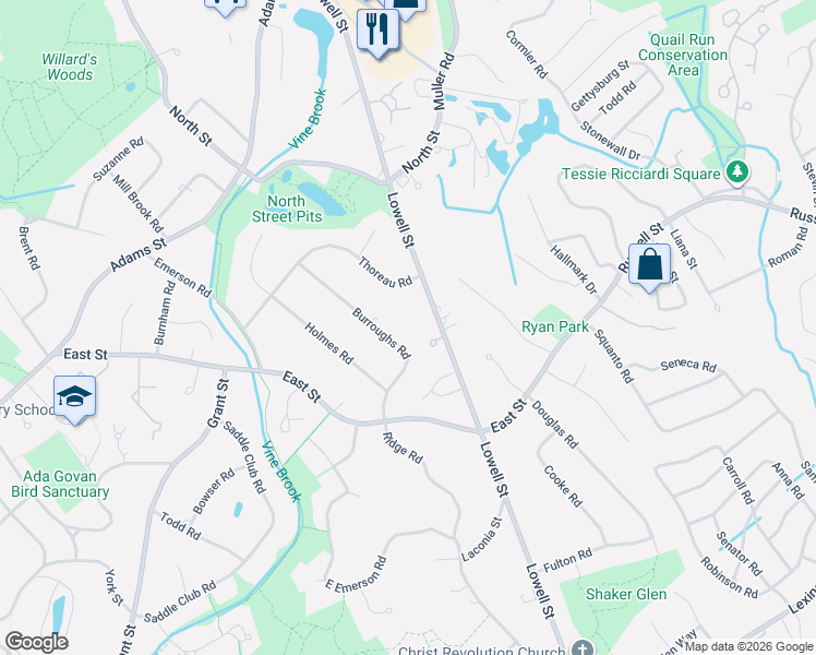 map of restaurants, bars, coffee shops, grocery stores, and more near 25 Thoreau Road in Lexington