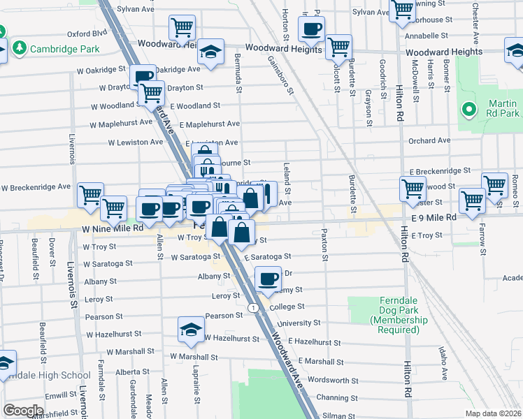 map of restaurants, bars, coffee shops, grocery stores, and more near 263 Vester Street in Ferndale