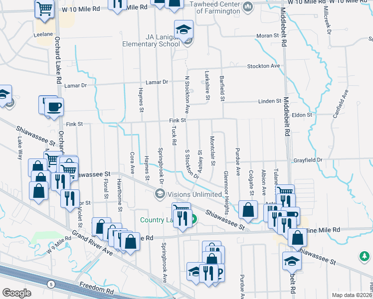 map of restaurants, bars, coffee shops, grocery stores, and more near 30235 North Stockton Avenue in Farmington Hills