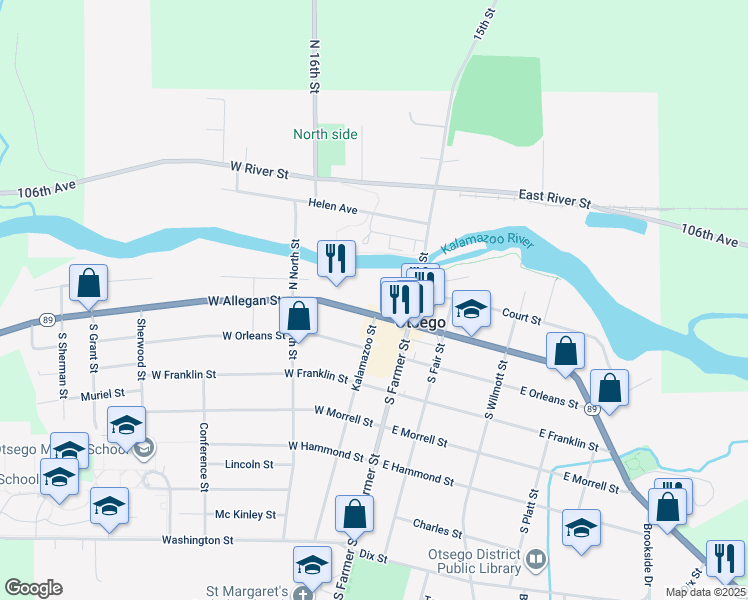 map of restaurants, bars, coffee shops, grocery stores, and more near 204 West Allegan Street in Otsego