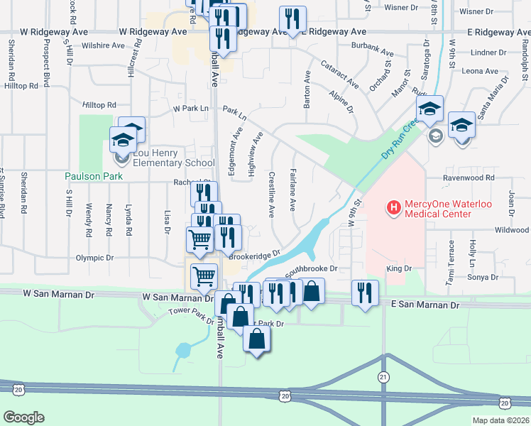map of restaurants, bars, coffee shops, grocery stores, and more near 2765-2773 Crestline Avenue in Waterloo