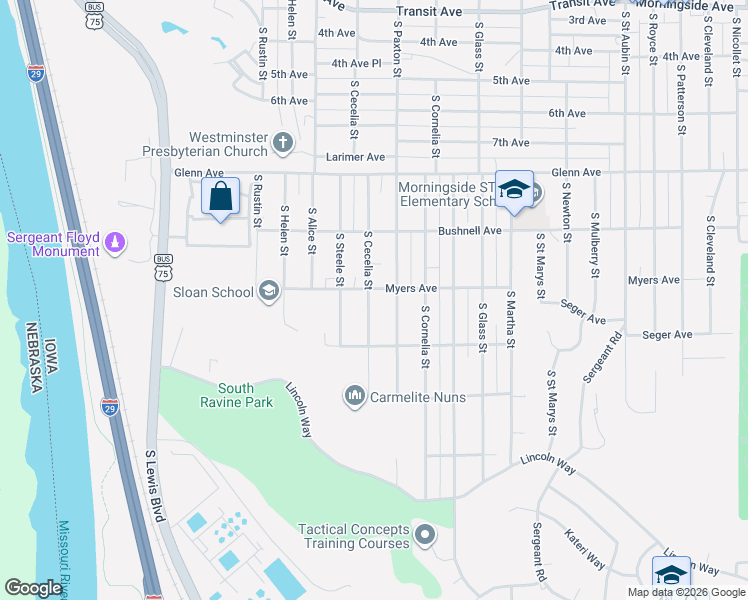map of restaurants, bars, coffee shops, grocery stores, and more near 2645 South Cecelia Street in Sioux City