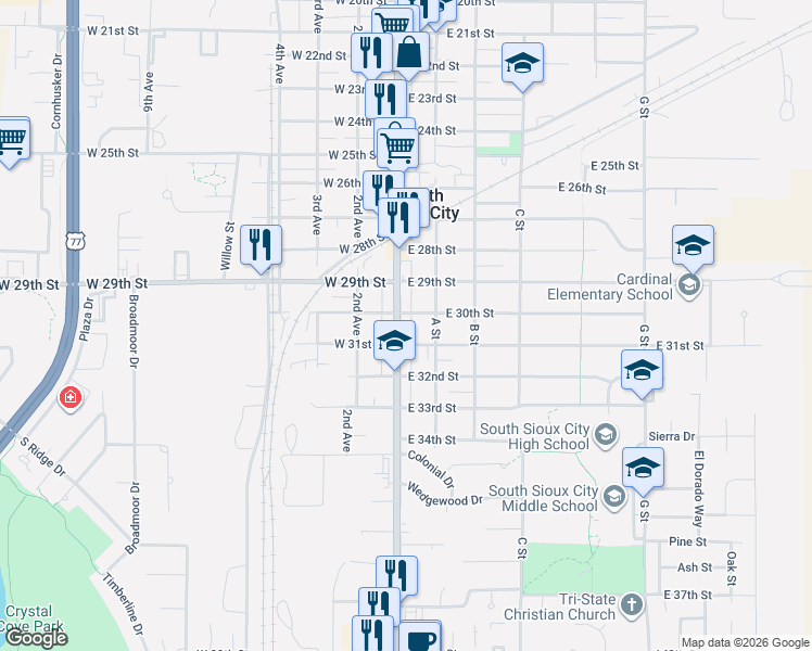 map of restaurants, bars, coffee shops, grocery stores, and more near 2900-2998 Dakota Ave in South Sioux City