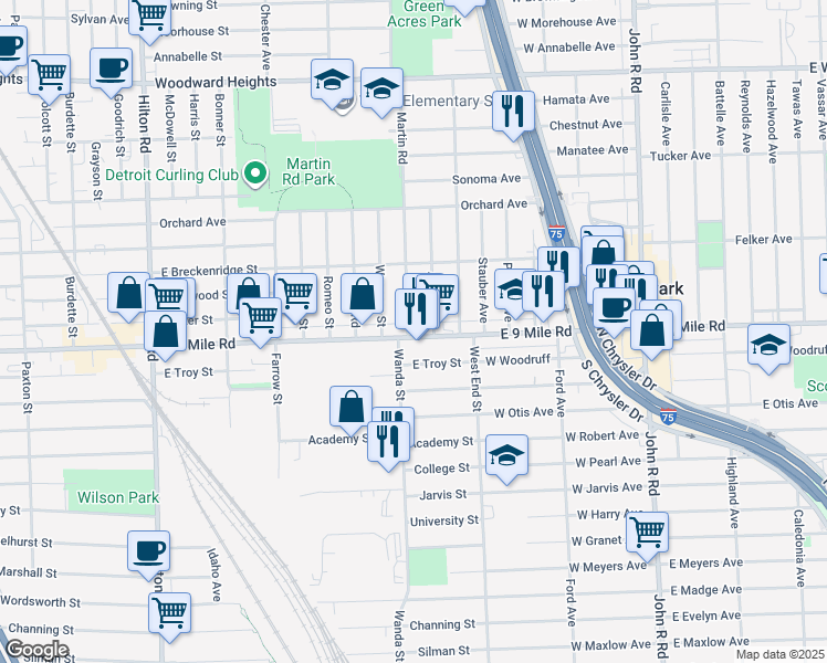 map of restaurants, bars, coffee shops, grocery stores, and more near 1905 Martin Road in Ferndale