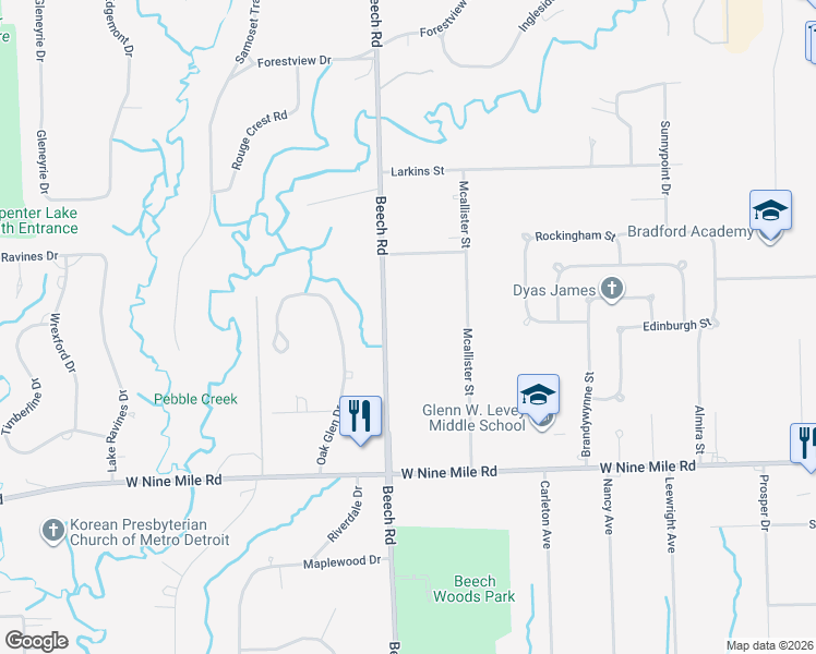 map of restaurants, bars, coffee shops, grocery stores, and more near 23640 Beech Road in Southfield