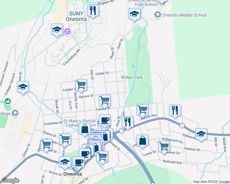 map of restaurants, bars, coffee shops, grocery stores, and more near 68-70 Maple Street in Oneonta