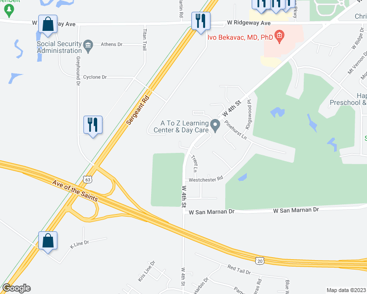 map of restaurants, bars, coffee shops, grocery stores, and more near 122 West Hills Lane in Waterloo