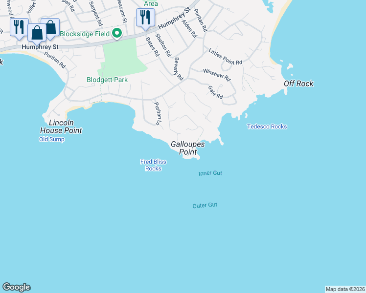 map of restaurants, bars, coffee shops, grocery stores, and more near 70 Galloupes Point Road in Swampscott