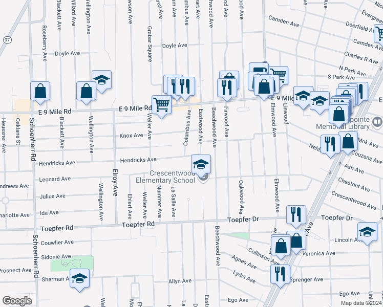 map of restaurants, bars, coffee shops, grocery stores, and more near 14469 Hendricks Avenue in Warren