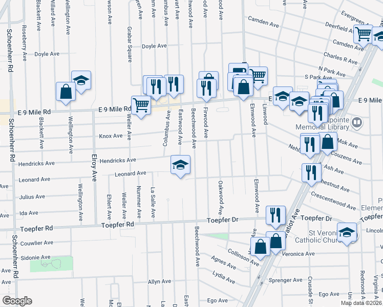 map of restaurants, bars, coffee shops, grocery stores, and more near 22105 Beechwood Avenue in Eastpointe
