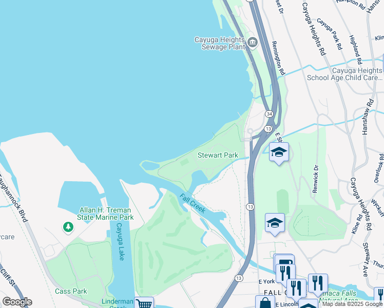 map of restaurants, bars, coffee shops, grocery stores, and more near 1 James L Gibbs Drive in Ithaca