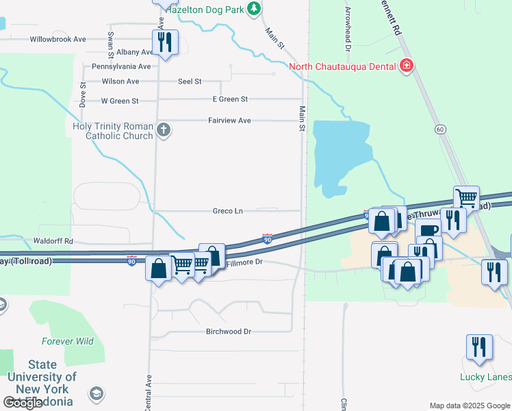 map of restaurants, bars, coffee shops, grocery stores, and more near 78 Greco Lane in Dunkirk