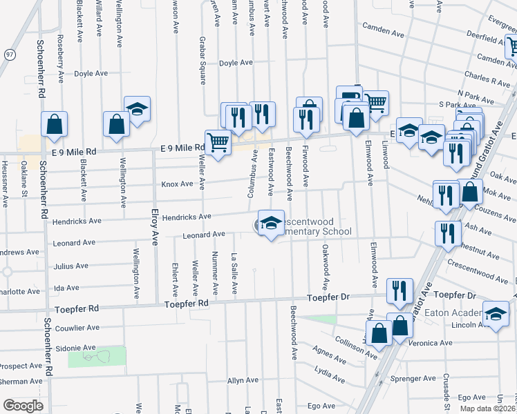 map of restaurants, bars, coffee shops, grocery stores, and more near 14469 Hendricks Avenue in Warren