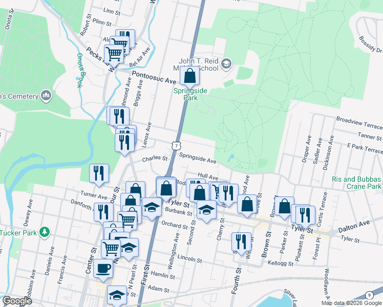 map of restaurants, bars, coffee shops, grocery stores, and more near 27 Springside Avenue in Pittsfield