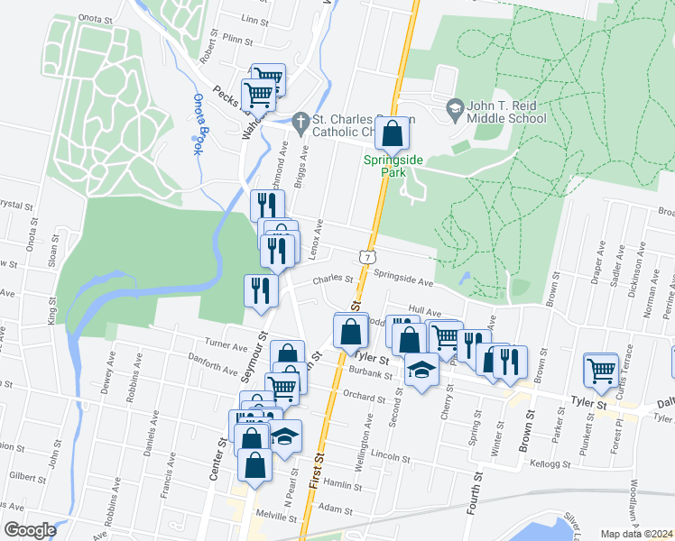map of restaurants, bars, coffee shops, grocery stores, and more near 24 Charles Street in Pittsfield